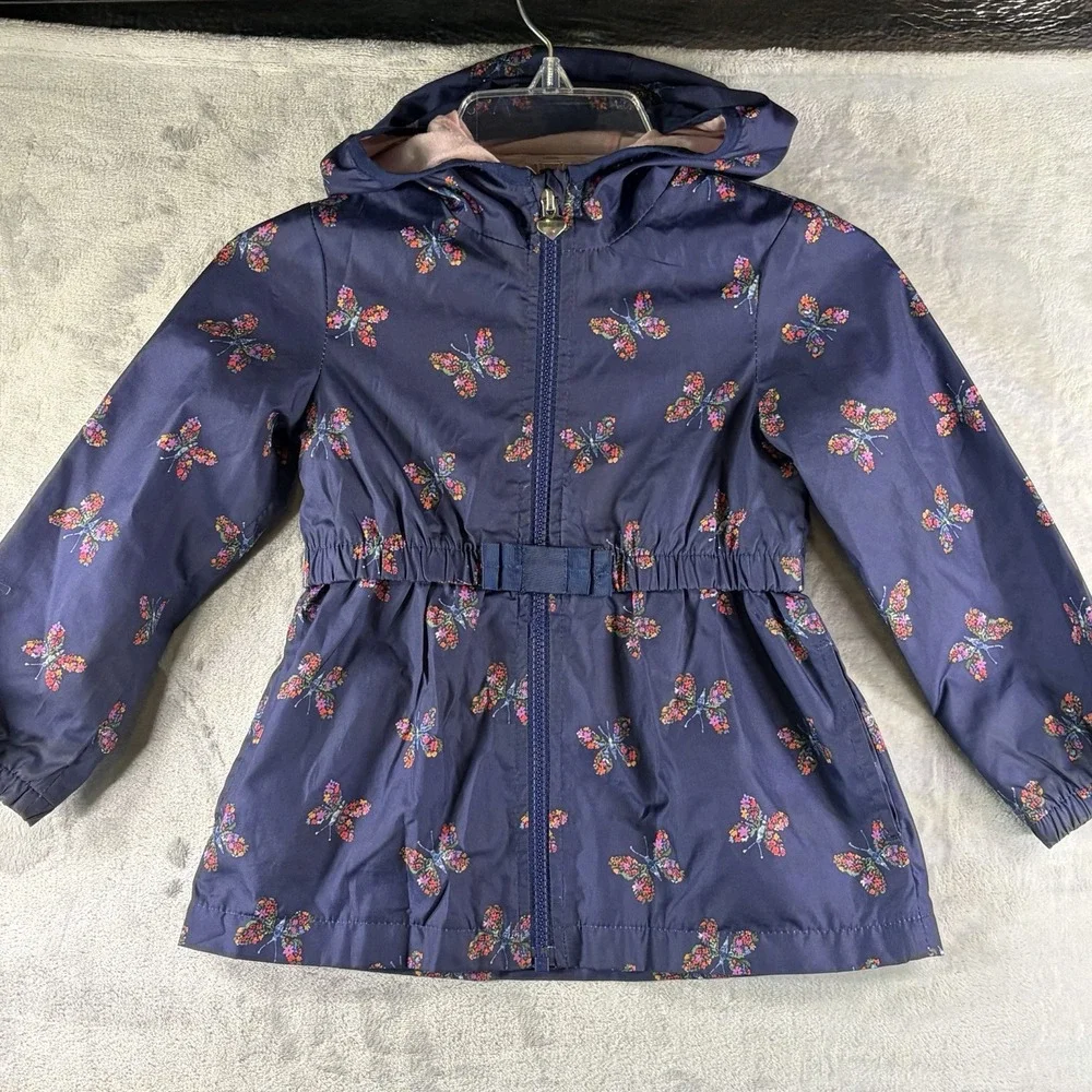 OshKosh B'gosh Girls Raincoat Jacket 3T Navy Butterfly Floral Hooded Zip